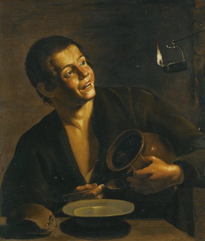 A Young Man Eating by the Light of an Oil Lamp by Unbekannt Unbekannt